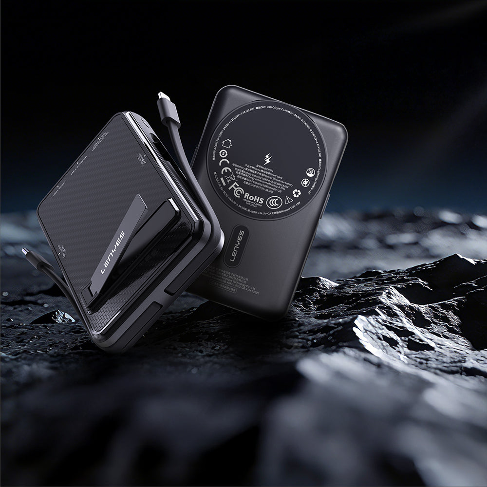 Lenyes P571 PD 22.5W Standlı M-safe Şarj Özellikli Type-C ve Lightning Kablolu Powerbank 15W 10000mAh Siyah