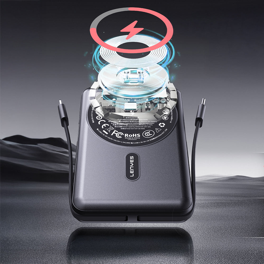 Lenyes P571 PD 22.5W Standlı M-safe Şarj Özellikli Type-C ve Lightning Kablolu Powerbank 15W 10000mAh Siyah