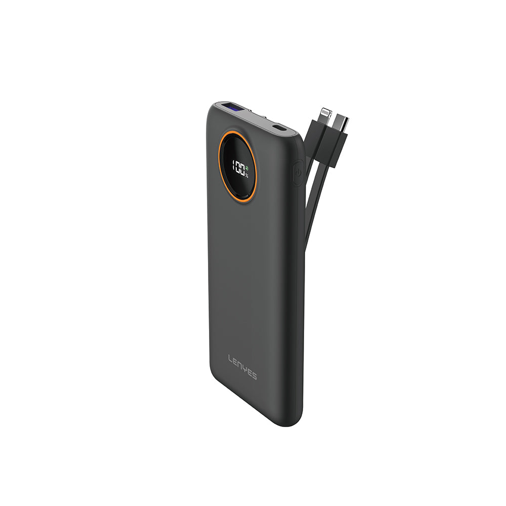 Lenyes P851L Dijital LED Göstergeli Type-C ve Lightning Kablolu Powerbank 22.5W 10000mAh Siyah