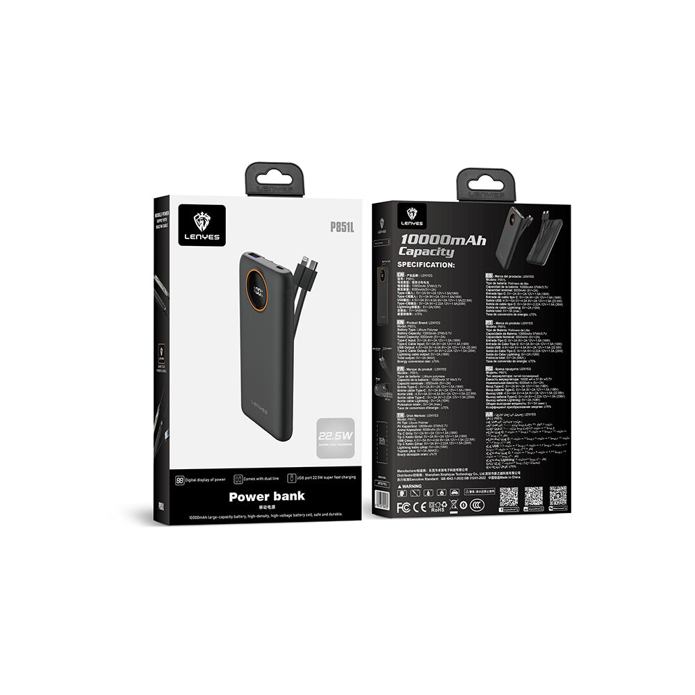 Lenyes P851L Dijital LED Göstergeli Type-C ve Lightning Kablolu Powerbank 22.5W 10000mAh Siyah
