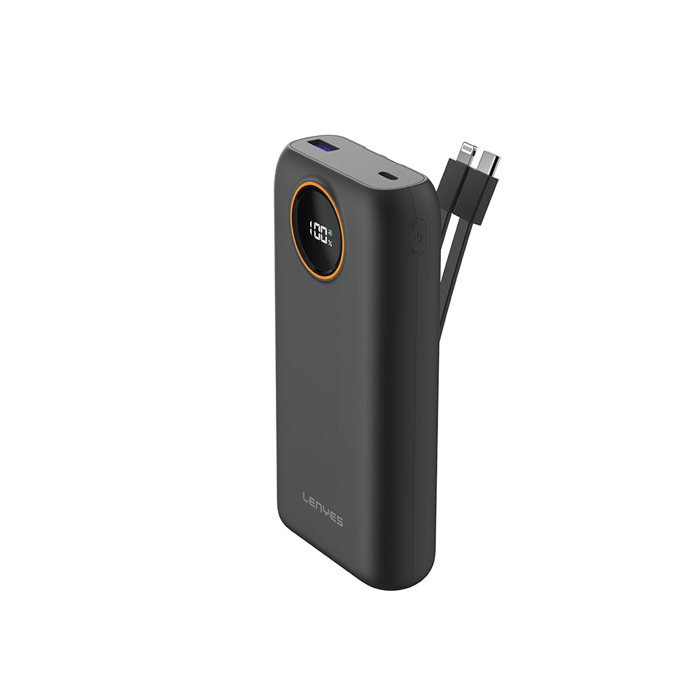 Lenyes P852L Dijital LED Göstergeli Type-C ve Lightning Kablolu Powerbank 22.5W 20000mAh Siyah