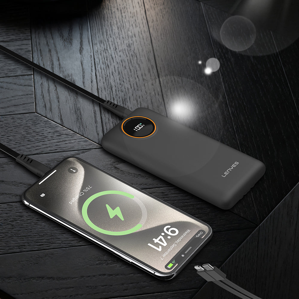 Lenyes P852L Dijital LED Göstergeli Type-C ve Lightning Kablolu Powerbank 22.5W 20000mAh Siyah