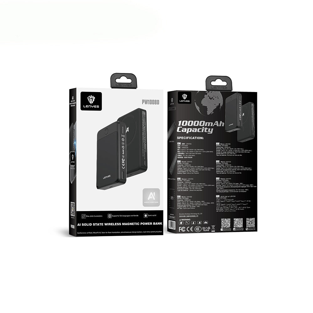 Lenyes PW1008D PD 20W LED Ekranlı Yapay Zeka Destekli Ultra İnce Wireless Powerbank 15W 10.000mAh Siyah
