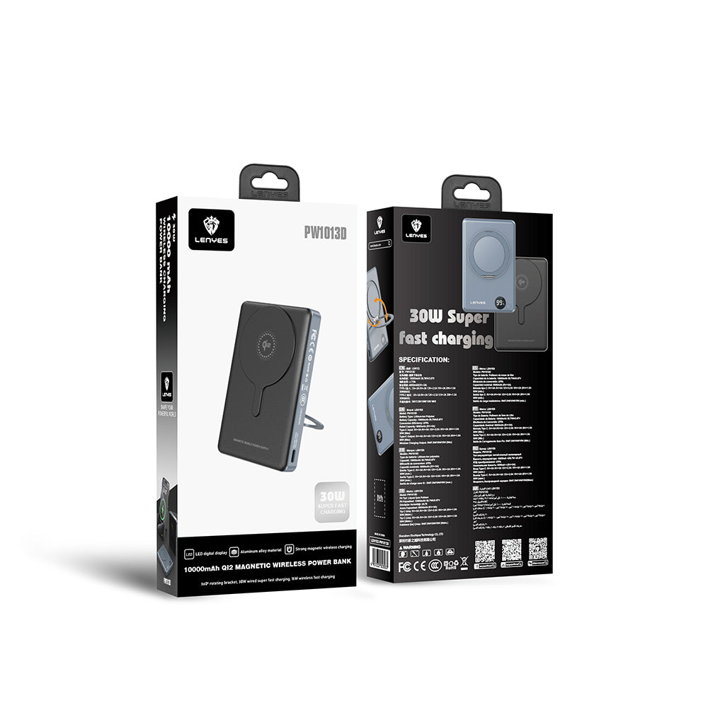Lenyes PW1013D PD 30W Dijital LED Göstergeli Qi2 Teknolojili Standlı Kablosuz Şarj Özellikli Wireless Powerbank 15W 10000mAh Siyah