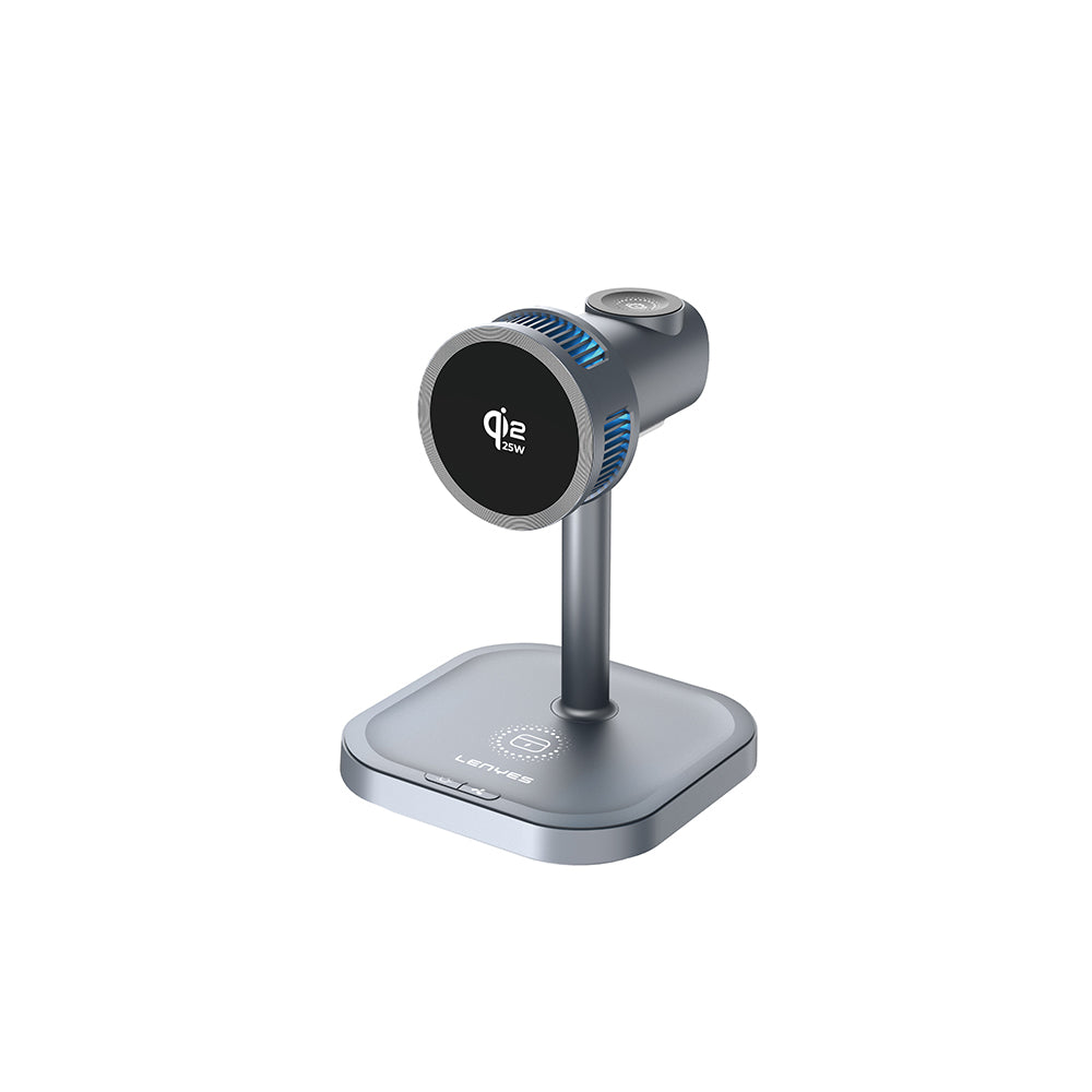 Lenyes PW323 Qi2 Şarj Teknolojili Ambiyans Işıklı Telefon&Akıllı Saat&Kulaklık 25W 3in1 Kablosuz Şarj Standı Gri