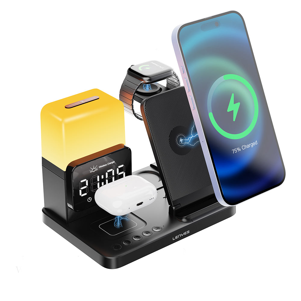 Lenyes PW327 Ambiyans Işıklı Alarm Özellikli Telefon&Akıllı Saat&Kulaklık 5in1 Kablosuz Şarj Standı 15W Siyah