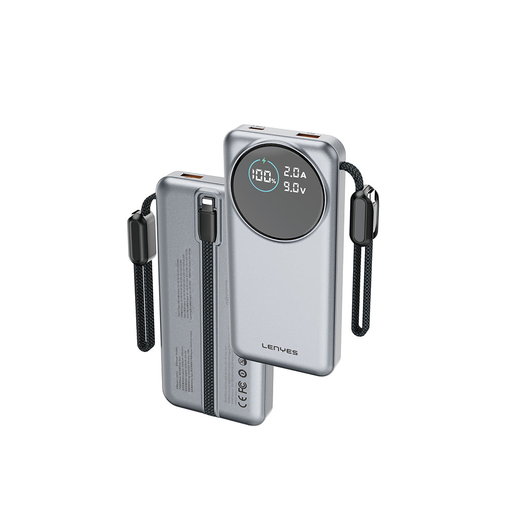 Lenyes PX1004D Dijital LED Ekranlı Lightning Kablolu Powerbank 22.5W 10.000mAh Gümüş