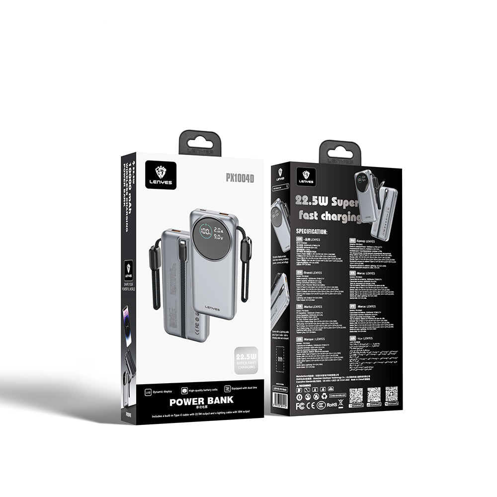 Lenyes PX1004D Dijital LED Ekranlı Lightning Kablolu Powerbank 22.5W 10.000mAh Gümüş