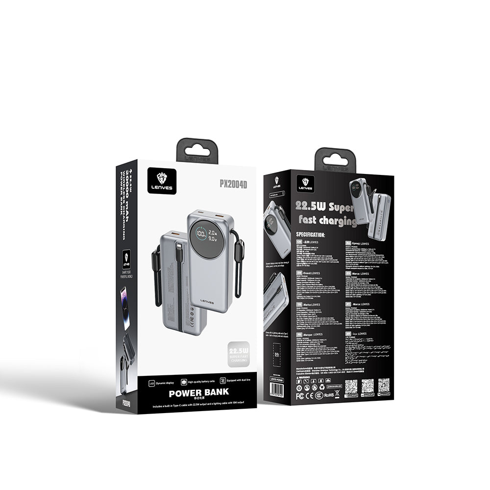 Lenyes PX2004D Dijital LED Ekranlı Lightning Kablolu Powerbank 22.5W 20.000mAh Gümüş