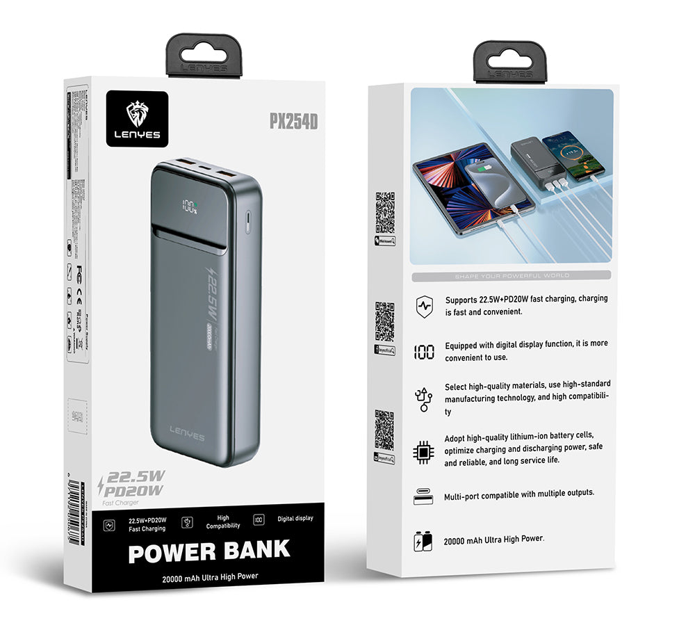 Lenyes PX254D PD 20W Hızlı Şarj Özellikli Dijital LED Göstergeli Powerbank 22.5W 20000mAh Gümüş