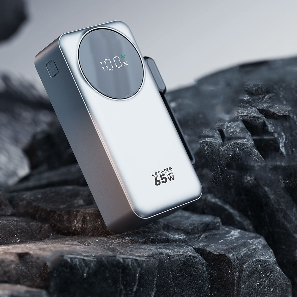 Lenyes PX379D Dijital LED Ekranlı Type-C ve Lightning Kablolu Powerbank 65W 30.000mAh Gümüş