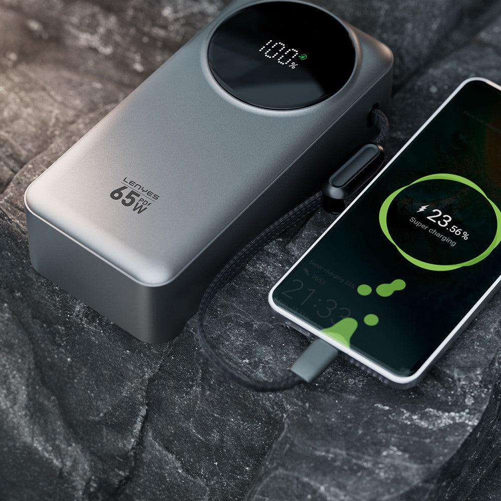 Lenyes PX379D Dijital LED Ekranlı Type-C ve Lightning Kablolu Powerbank 65W 30.000mAh Gümüş