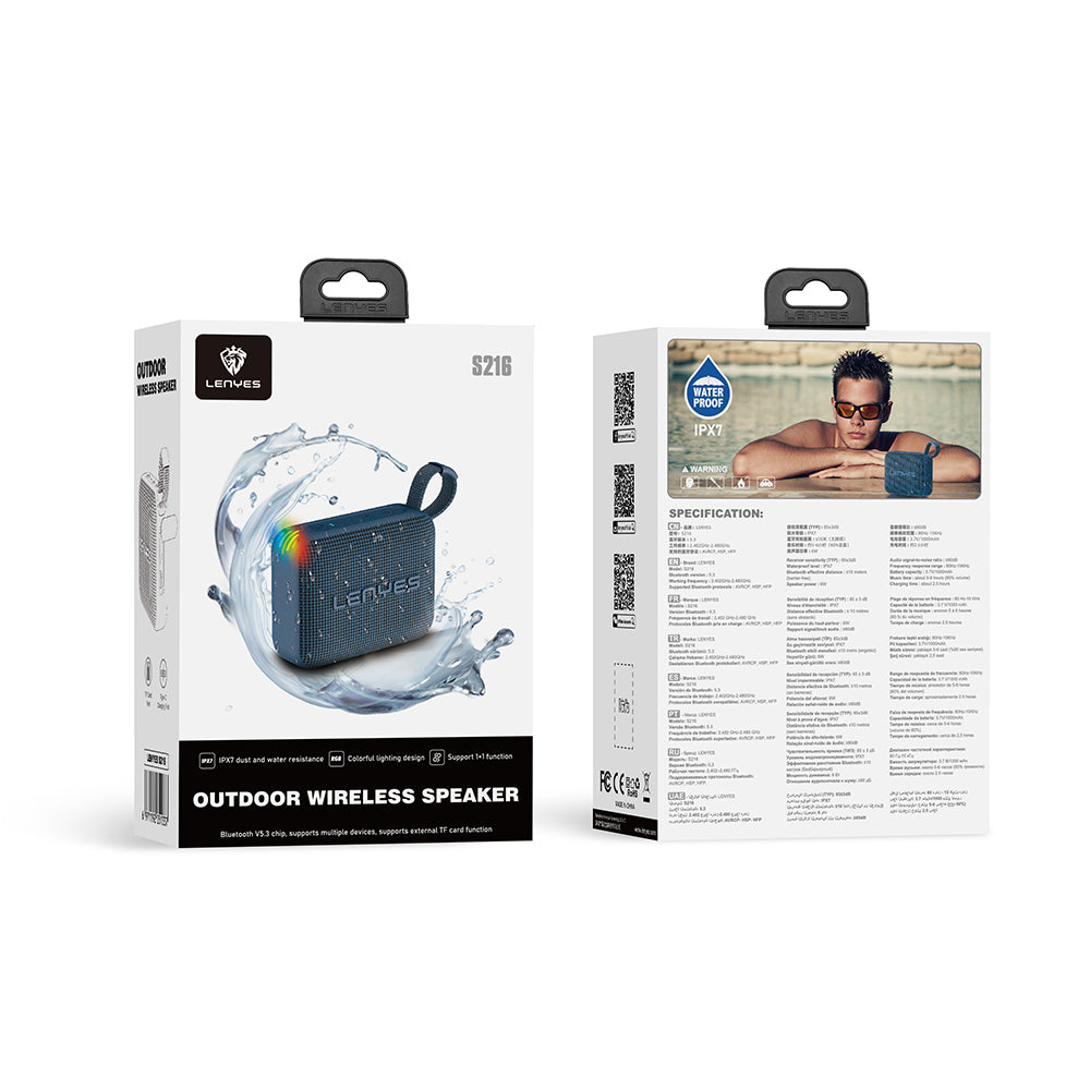 Lenyes S216 Su Geçirmez Özellikli RGB Işıklı Askılı Mini Bluetooth Speaker Hoparlör v5.3 Mavi