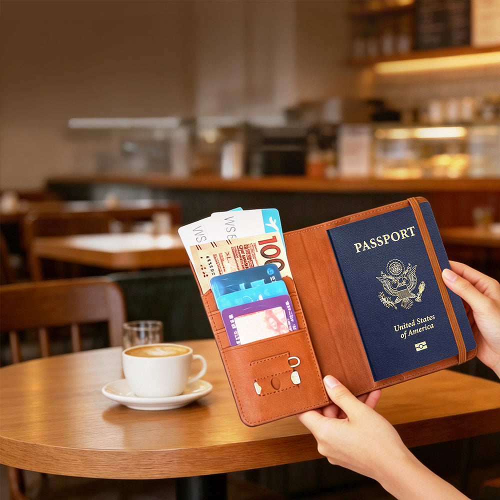 Micflip K02 iOS Cihazlar İçin FindMy Özellikli Pasaport Kart ve Sim Bölmeli Mikrofiber Kablosuz ve Pin Şarj Özellikli Deri Cüzdan Kahverengi
