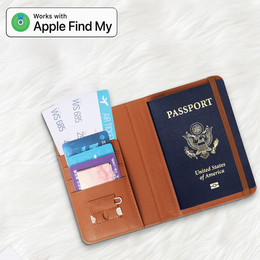 Micflip K02 iOS Cihazlar İçin FindMy Özellikli Pasaport Kart ve Sim Bölmeli Mikrofiber Kablosuz ve Pin Şarj Özellikli Deri Cüzdan Kahverengi