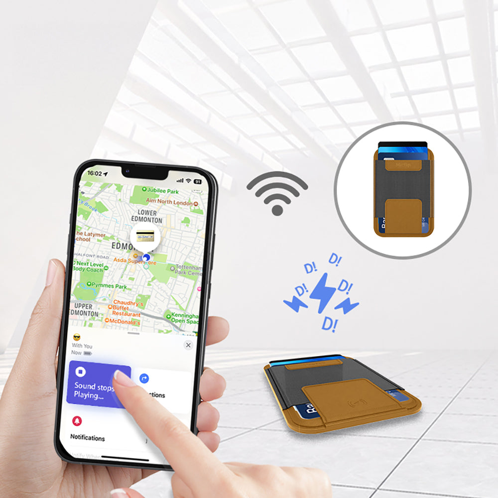 Micflip P065 Ultra İnce Tasarım iOS Cihazlara Özel Kablosuz ve Pin Şarj Özellikli FindMy Destekli Magnetik Standlı Kartlık Kahverengi