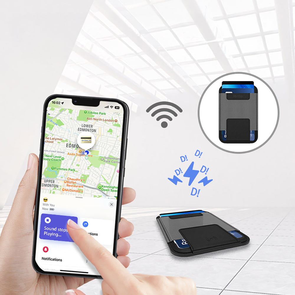 Micflip P065 Ultra İnce Tasarım iOS Cihazlara Özel Kablosuz ve Pin Şarj Özellikli FindMy Destekli Magnetik Standlı Kartlık Siyah