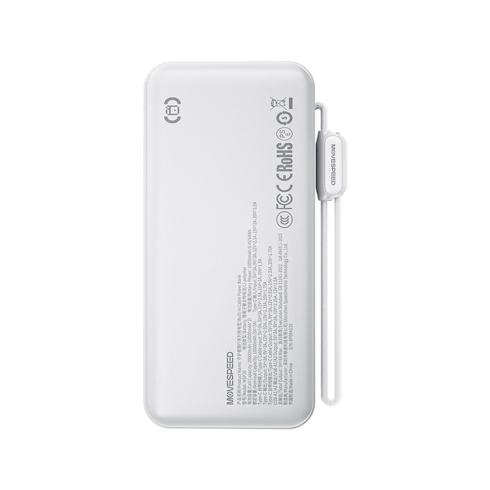Movespeed MSP20 Dijital LED Göstergeli Type-C Kablolu Powerbank 35W 20.000mAh Beyaz