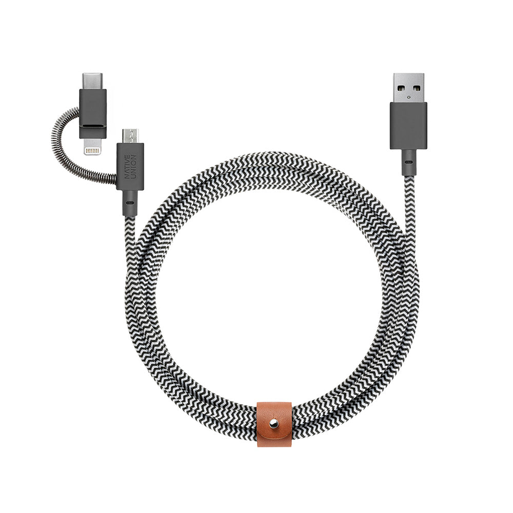 Native Union Belt Serisi 3in1 USB-A to Type-C - Lightning - Micro Şarj Kablosu 2M Siyah-Beyaz