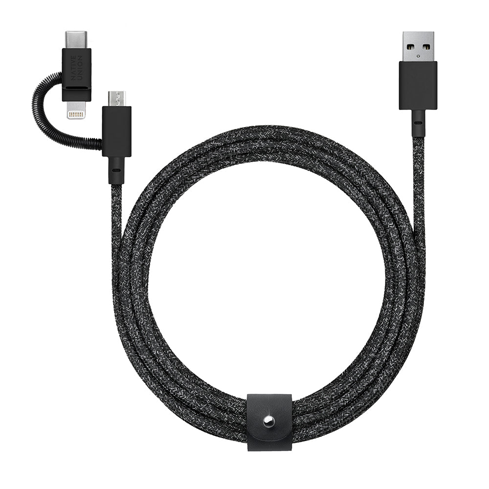 Native Union Belt Serisi 3in1 USB-A to Type-C - Lightning - Micro Şarj Kablosu 2M Siyah