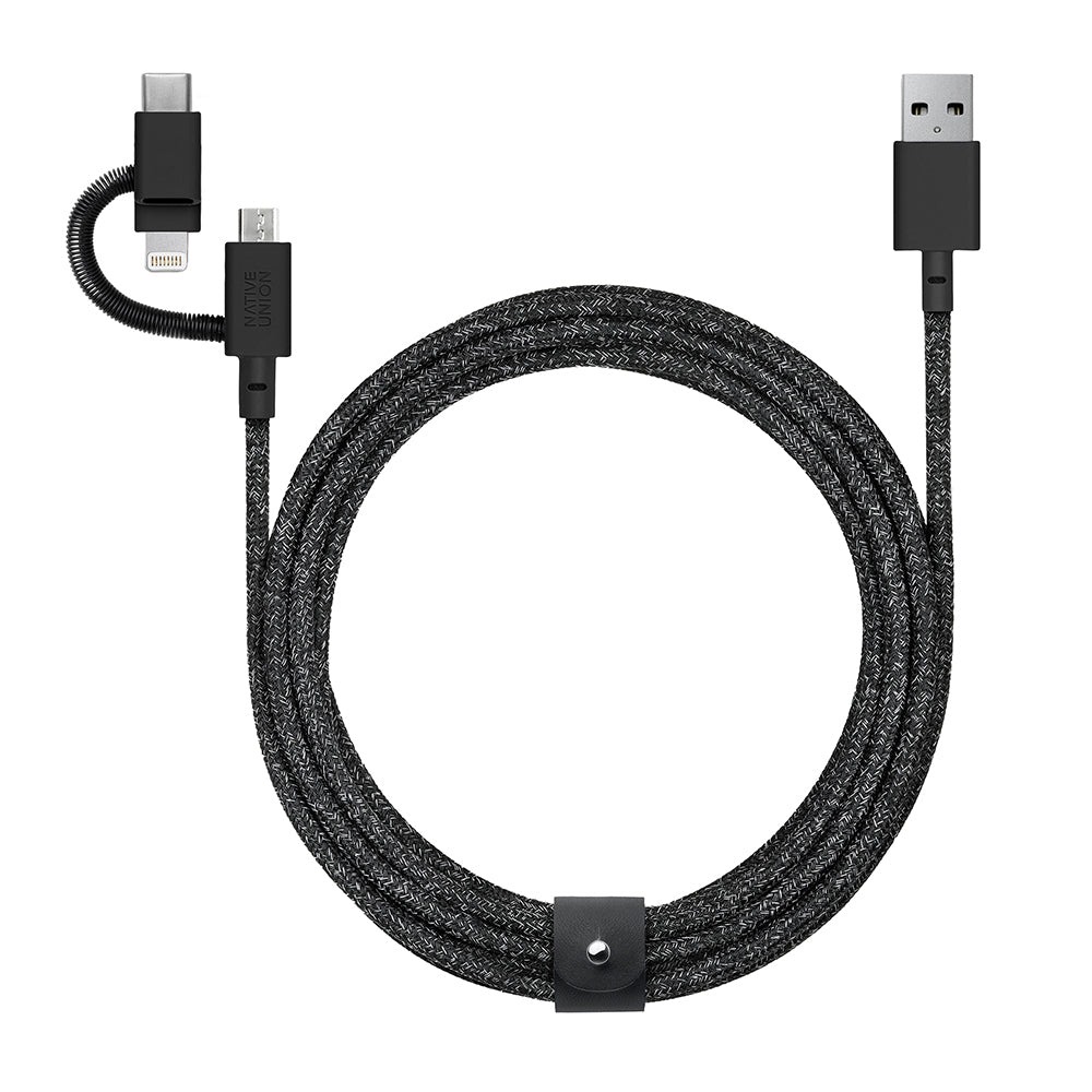 Native Union Belt Serisi 3in1 USB-A to Type-C - Lightning - Micro Şarj Kablosu 2M Siyah