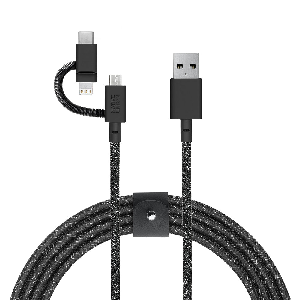 Native Union Belt Serisi 3in1 USB-A to Type-C - Lightning - Micro Şarj Kablosu 2M Siyah