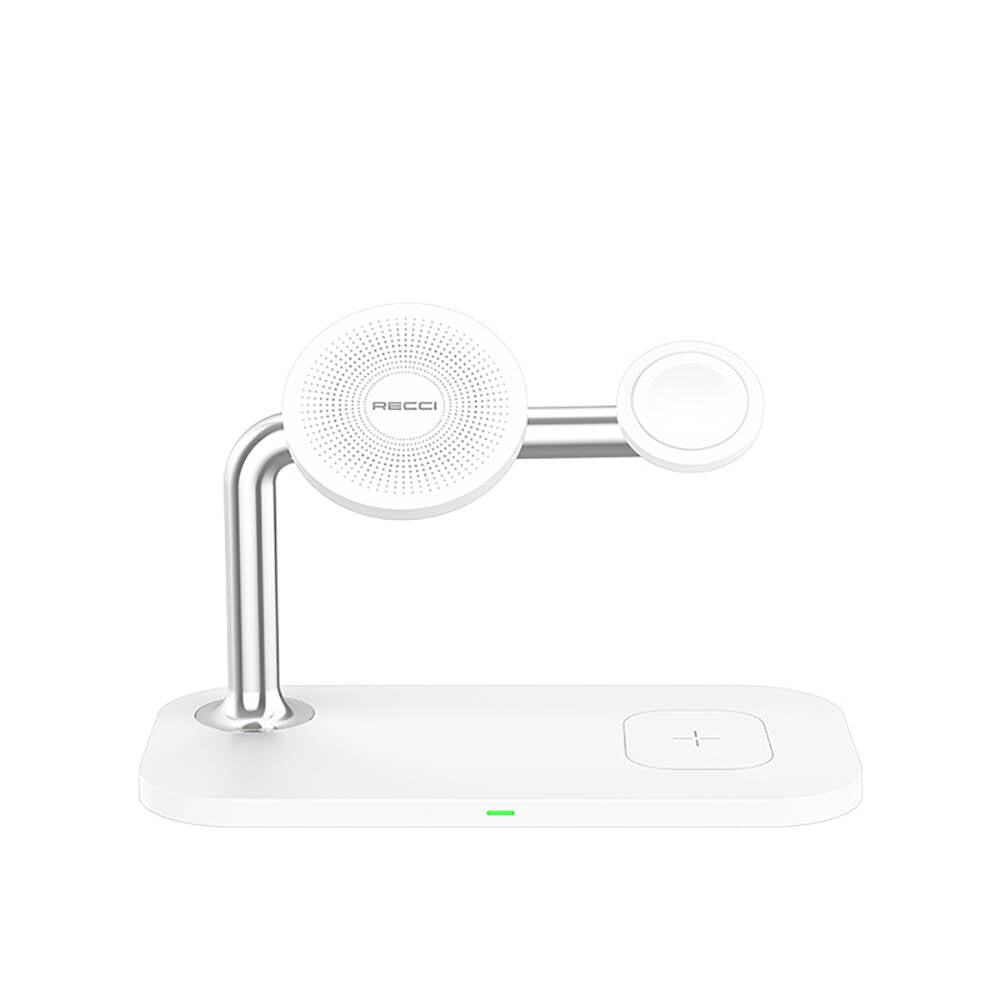 Recci RCW-20 Prestige Serisi 3in1 Magsafe 15W Hızlı Şarj Özellikli Magnetik Kablosuz Şarj Standı Beyaz
