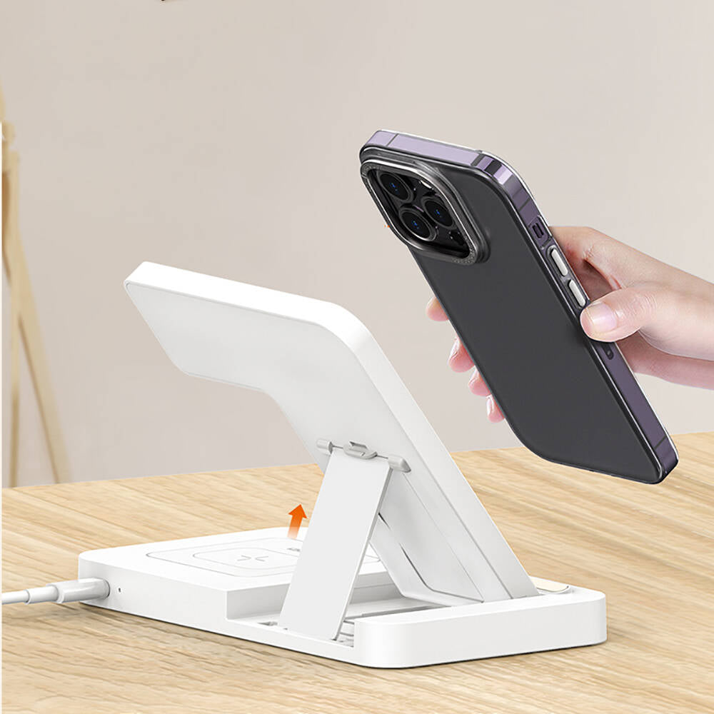 Recci RCW-31 4in1 Magsafe 15W Hızlı Şarj Özellikli LED Işıklı Magnetik Kablosuz Şarj Standı Beyaz