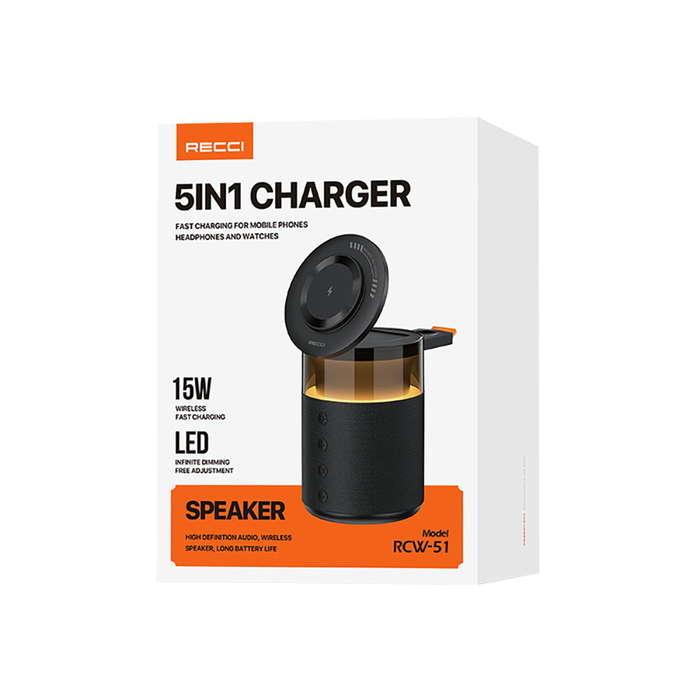 Recci RCW-51 Kablosuz Şarj Standı Ambiyans Işıklı Bluetooth Speaker Hoparlör Özellikli Siyah
