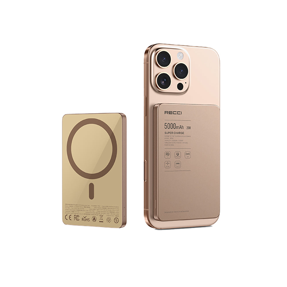 Recci RP33 PD 20W Ultra İnce Led Göstergeli Hızlı Şarj Özellikli Wireless Powerbank 5000mAh Gold