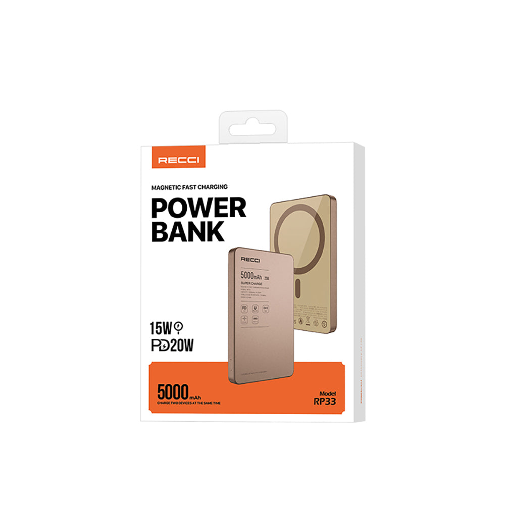 Recci RP33 PD 20W Ultra İnce Led Göstergeli Hızlı Şarj Özellikli Wireless Powerbank 5000mAh Gold