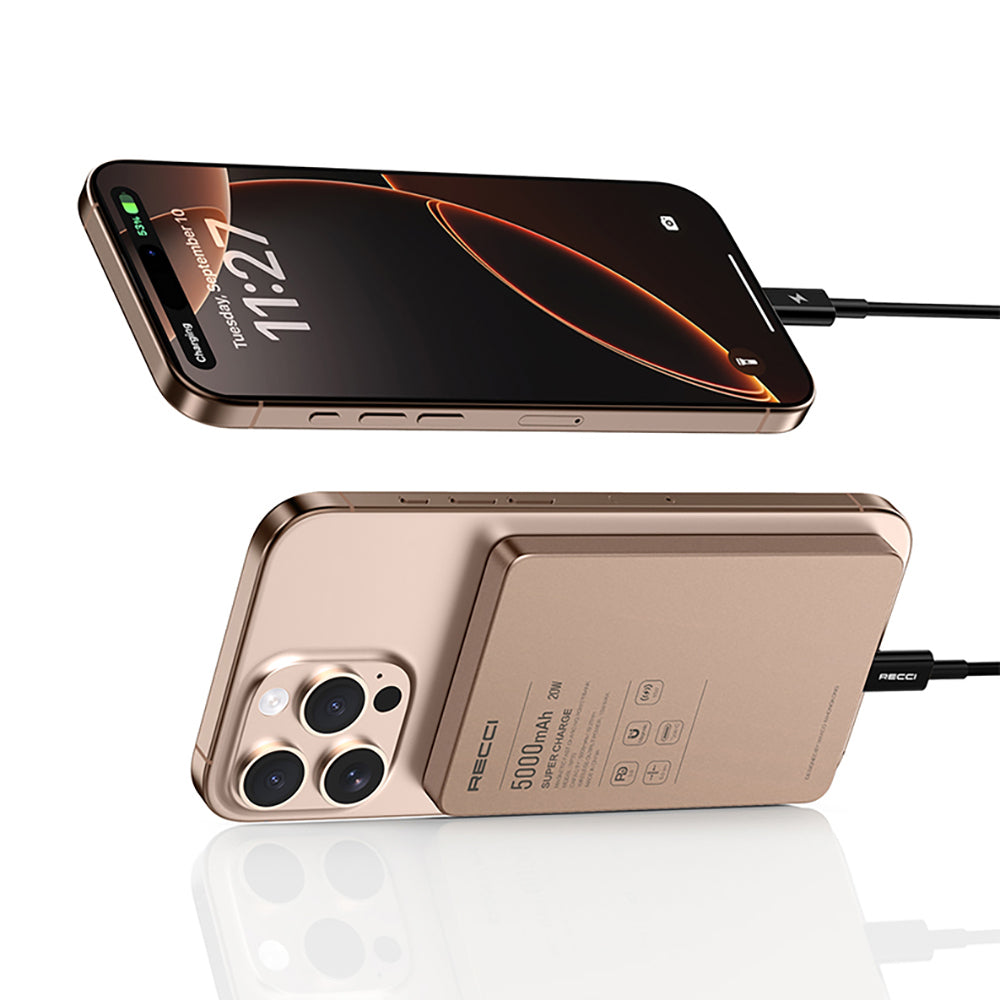 Recci RP33 PD 20W Ultra İnce Led Göstergeli Hızlı Şarj Özellikli Wireless Powerbank 5000mAh Gold