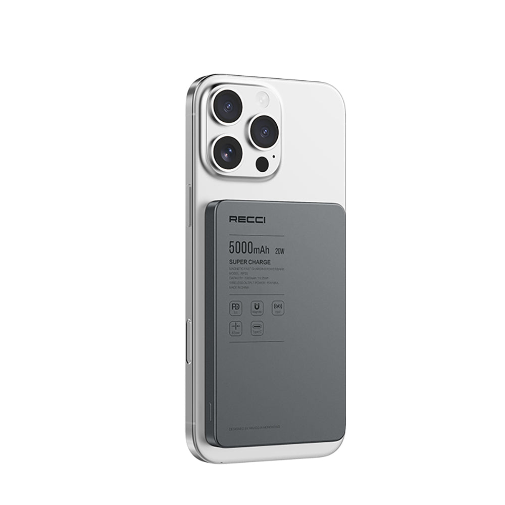 Recci RP33 PD 20W Ultra İnce Led Göstergeli Hızlı Şarj Özellikli Wireless Powerbank 5000mAh Gri