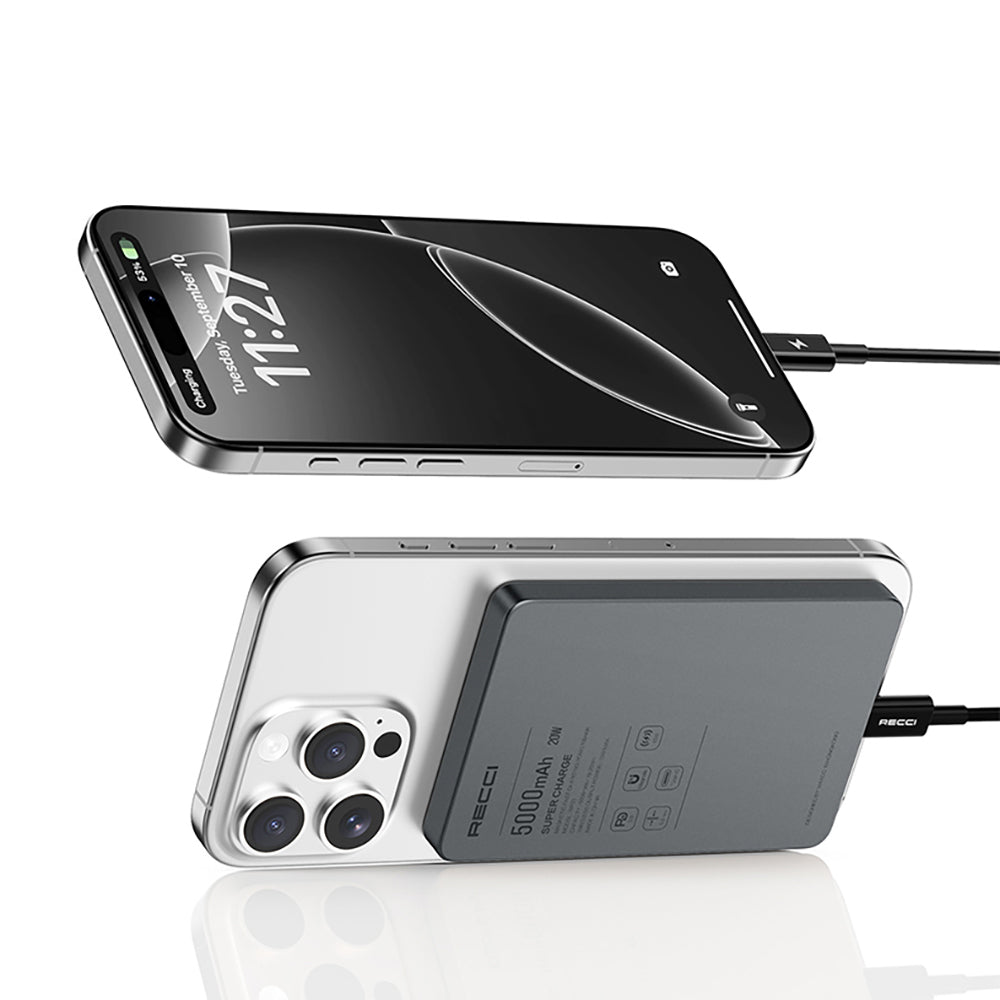 Recci RP33 PD 20W Ultra İnce Led Göstergeli Hızlı Şarj Özellikli Wireless Powerbank 5000mAh Gri