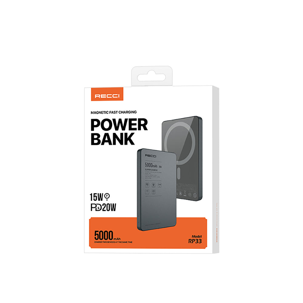 Recci RP33 PD 20W Ultra İnce Led Göstergeli Hızlı Şarj Özellikli Wireless Powerbank 5000mAh Gri