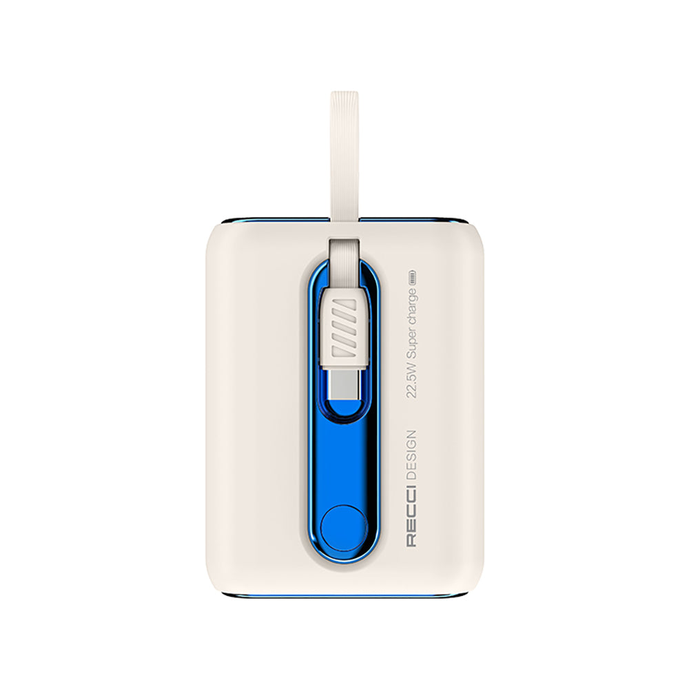 Recci RPB-P12C PD 20W Askı İpli Hızlı Şarj Özellikli Type-C Kablolu Powerbank 22.5W 9000mAh Beyaz