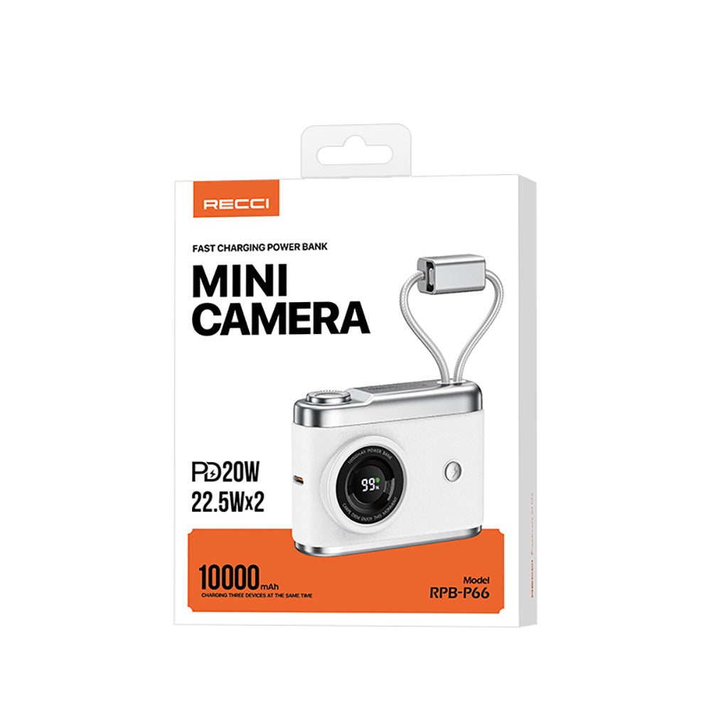 Recci RPB-P66 PD 20W Hızlı Şarj Özellikli Type-C & lightning Kablolu Powerbank 22.5W 10.000mAh Beyaz