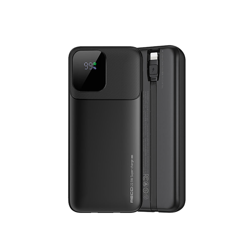 Recci RPB-P68 PD 20W Dijital LED Göstergeli Hızlı Şarj Özellikli Type-C ve Lightning Kablolu Powerbank 22.5W 20000mAh Siyah