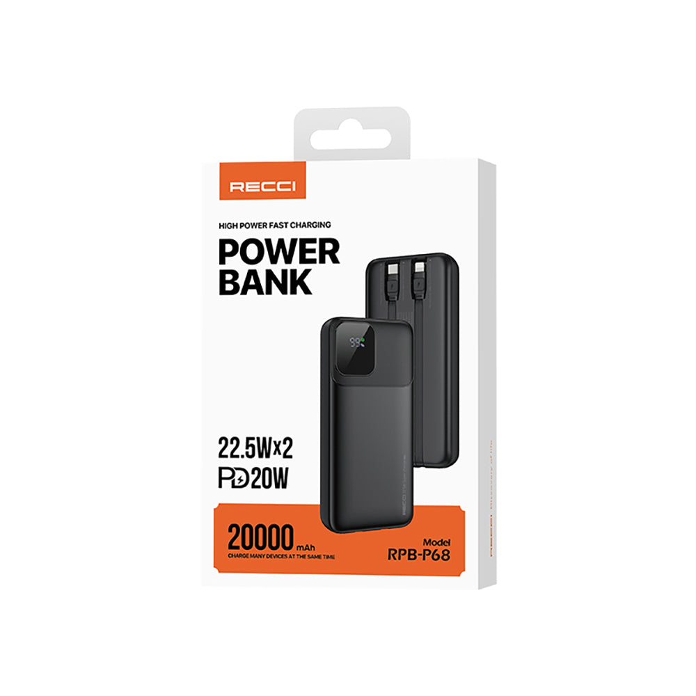Recci RPB-P68 PD 20W Dijital LED Göstergeli Hızlı Şarj Özellikli Type-C ve Lightning Kablolu Powerbank 22.5W 20000mAh Siyah
