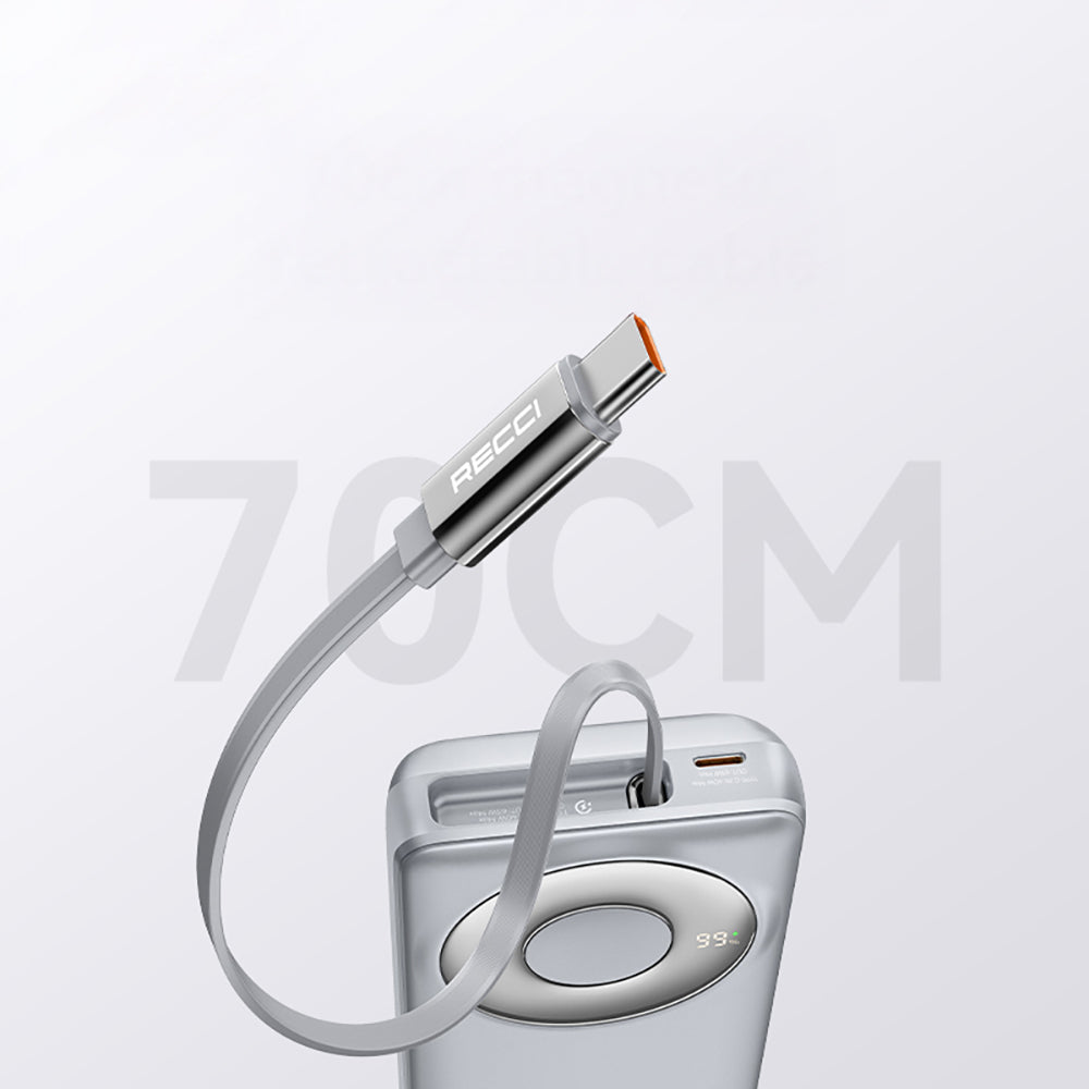 Recci RPB-P72 Hızlı Şarj Özellikli Type-C Kablolu Powerbank 65W 20.000mAh Siyah