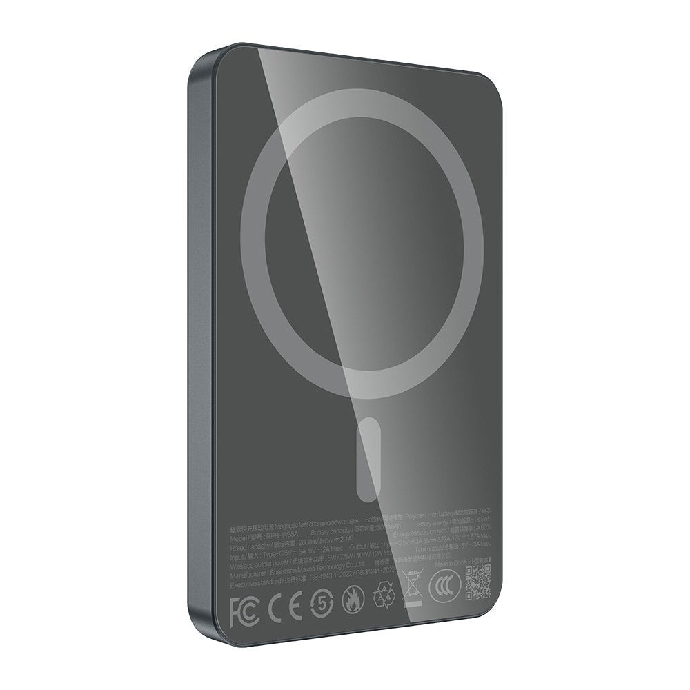 Recci RPB-W35A Ultra İnce PD 20W Hızlı Şarj Özellikli Wireless Powerbank 15W 5000mAh Gri
