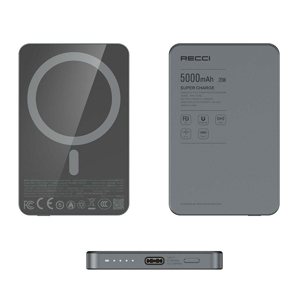 Recci RPB-W35A Ultra İnce PD 20W Hızlı Şarj Özellikli Wireless Powerbank 15W 5000mAh Gri