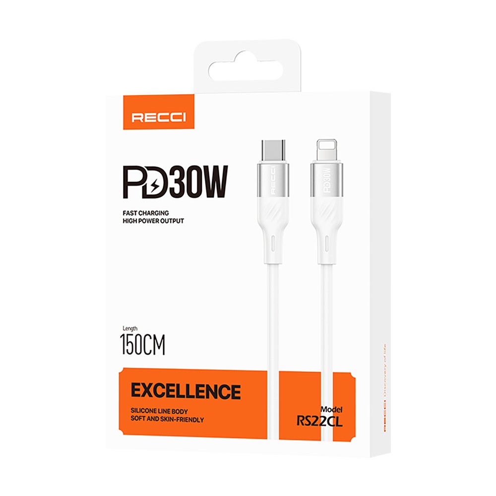 Recci RS22CL Excellence Serisi Type-C to Lightning PD 30W Hızlı Şarj Özellikli Data ve Şarj Kablosu 1.5M Beyaz