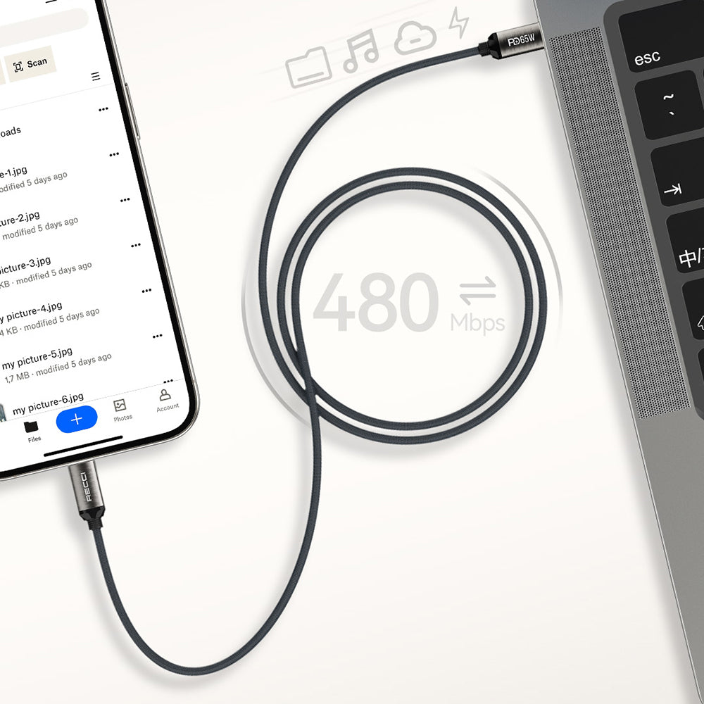 Recci RS35CC Type-C to Type-C PD 65W Örgü Tasarımlı Hızlı Şarj Özellikli Data ve Şarj Kablosu 1M Gri