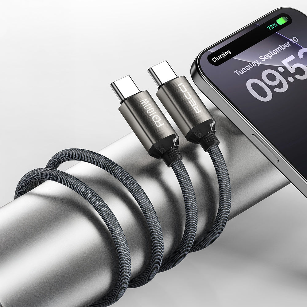 Recci RS45CC Type-C to Type-C PD 100W Örgü Tasarımlı Hızlı Şarj Özellikli Data ve Şarj Kablosu 1M Gri