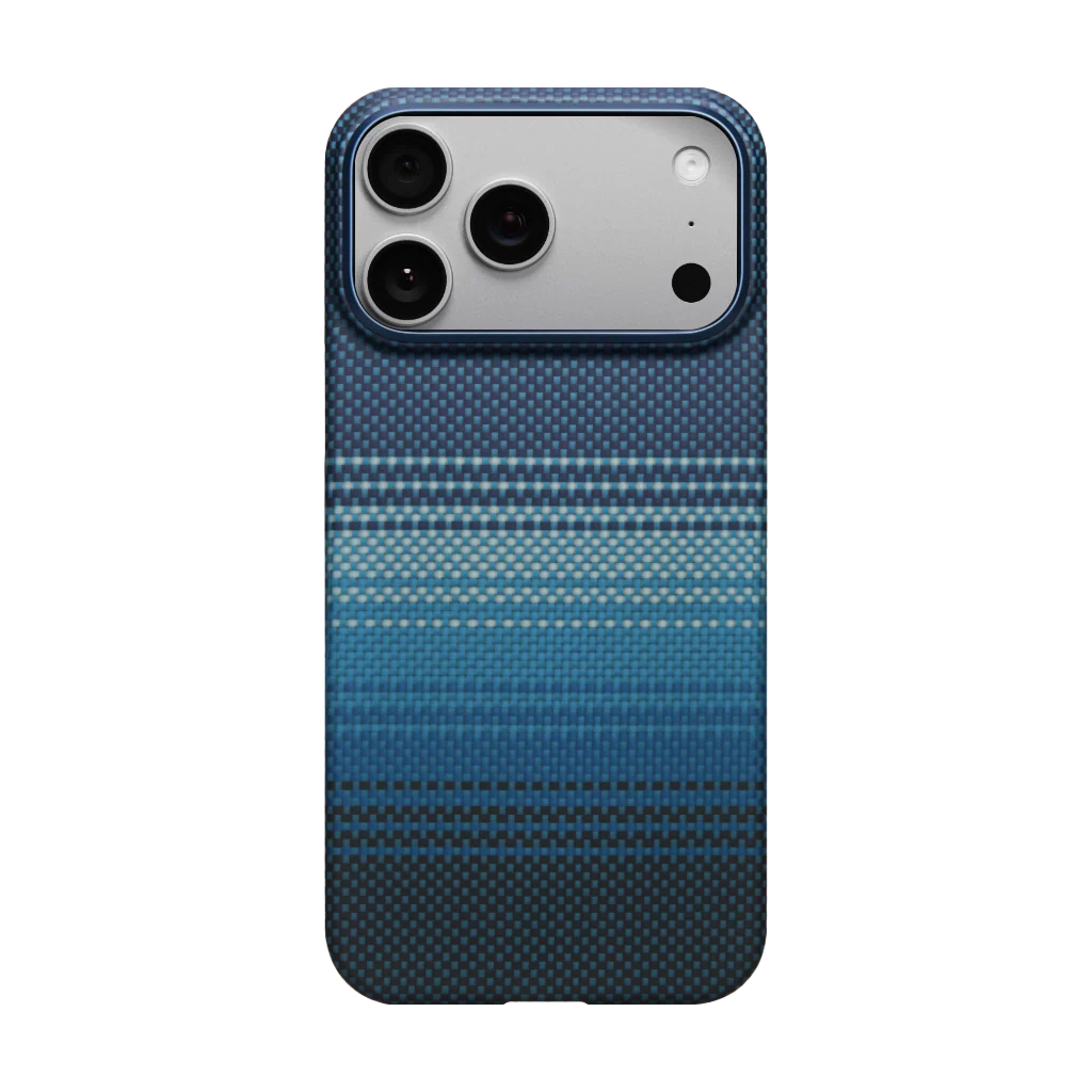 Apple iPhone 17 Pro Kılıf M-safe Şarj Özellikli Aramid Fiber Pitaka Tactile Woven Sunset-Moonrise Serisi Kapak Mavi