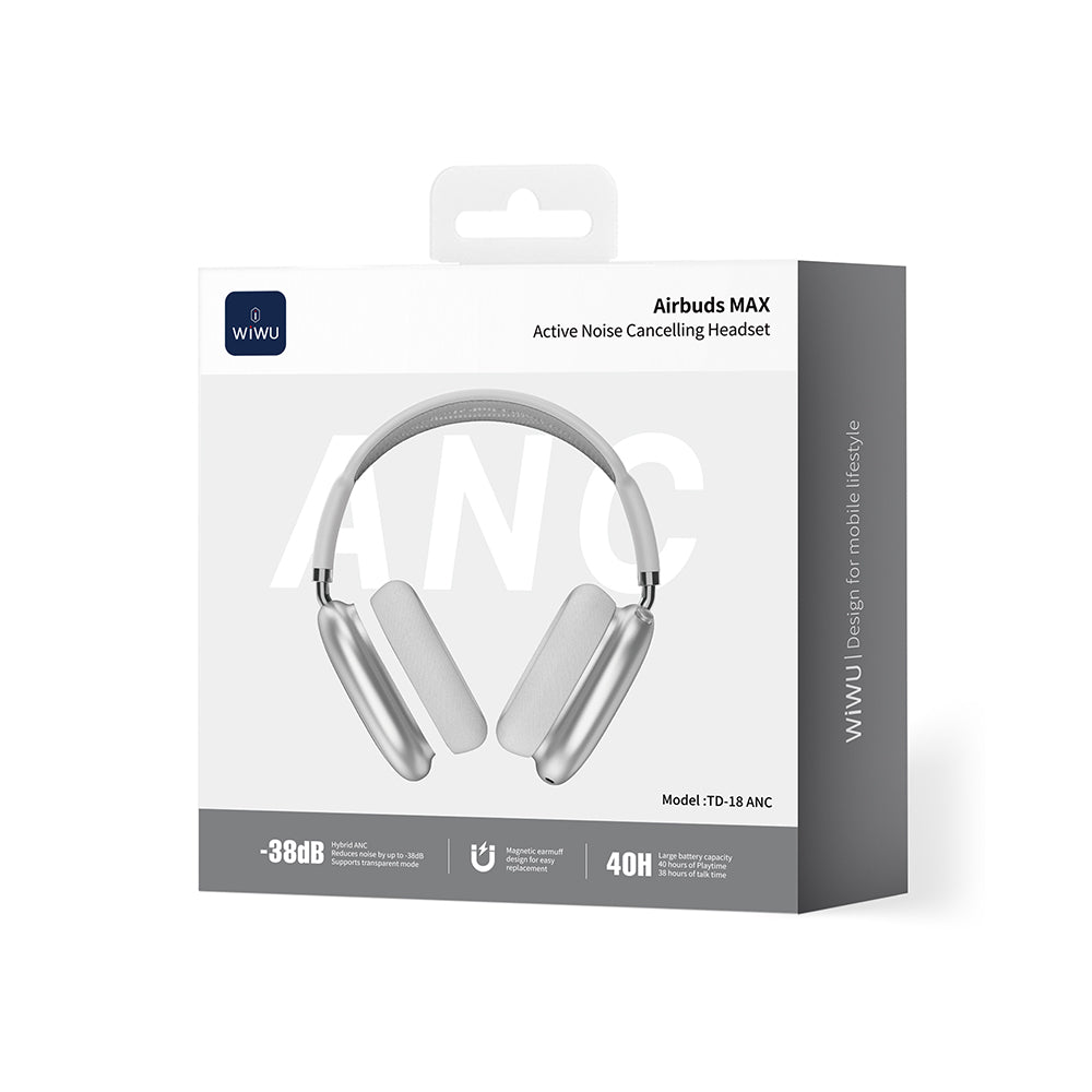 Wiwu Airbuds Max TD-18 ANC Aktif Gürültü Önleyicili Kulak Üstü Bluetooth Kulaklık v6.0 Gümüş