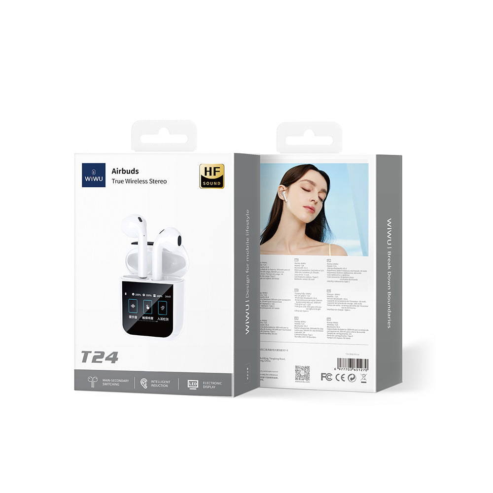 Wiwu Airbuds T24 Dokunmatik LCD Ekranlı TWS Bluetooth Kulaklık v5.4 Beyaz