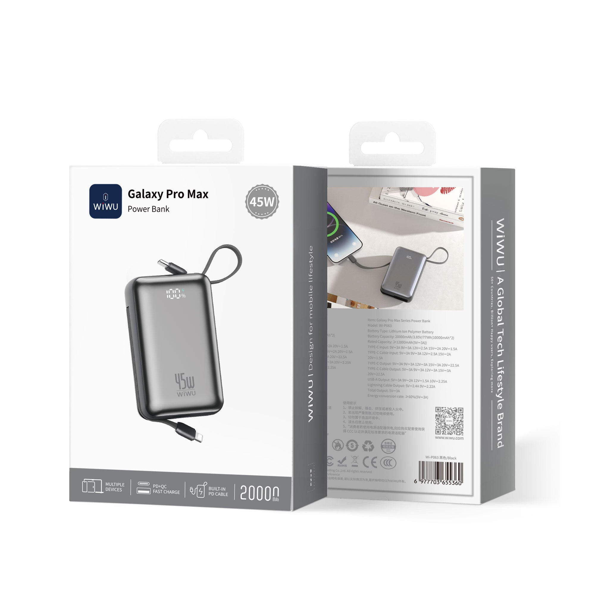 Wiwu AS-182 Galaxy Pro Max Serisi Type-C Lightning Çıkışlı Taşınabilir Powerbank PD 45W 20000mAh Gri