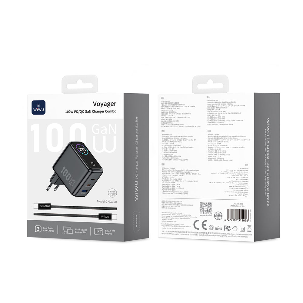 Wiwu CHG300 Voyager Serisi GaN Teknolojili PD/QC TFT Göstergeli Hızlı Şarj Başlığı 100W Siyah